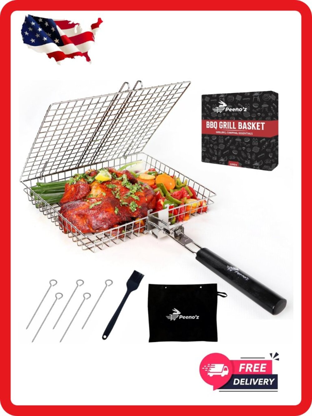 Large Stainless Steel BBQ Grill Basket Folding Fish Vegetable Grilling Rack